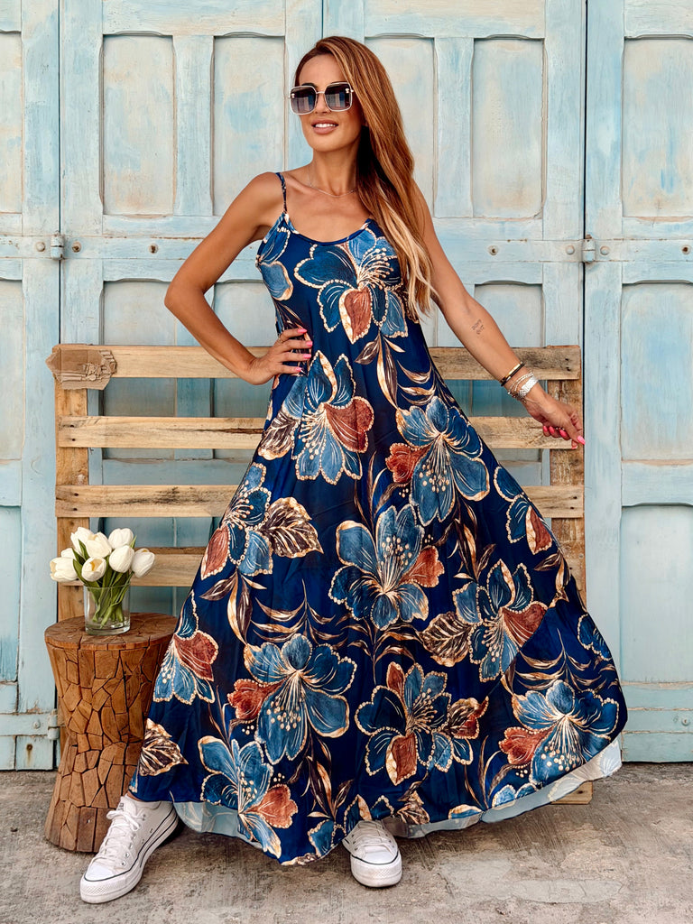 Midnight Hibiscus Satin Maxi Dress
