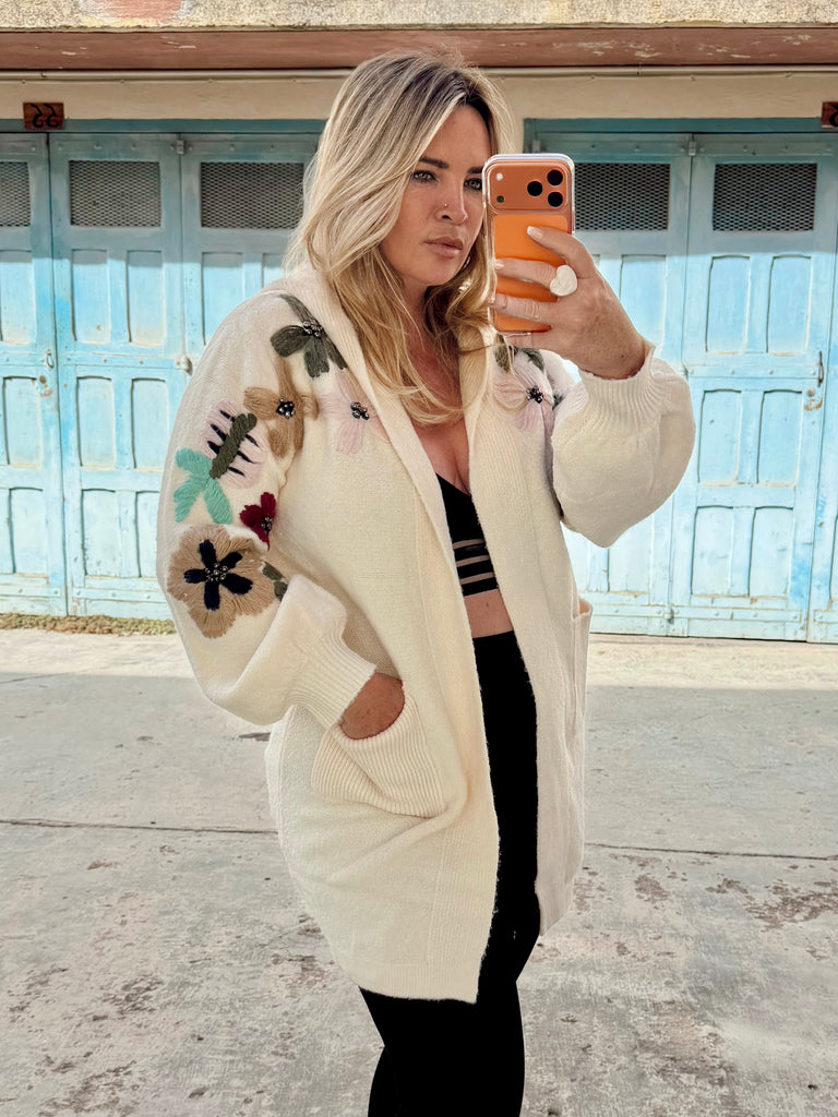 Cream Floral Knit Hoodie Cardi