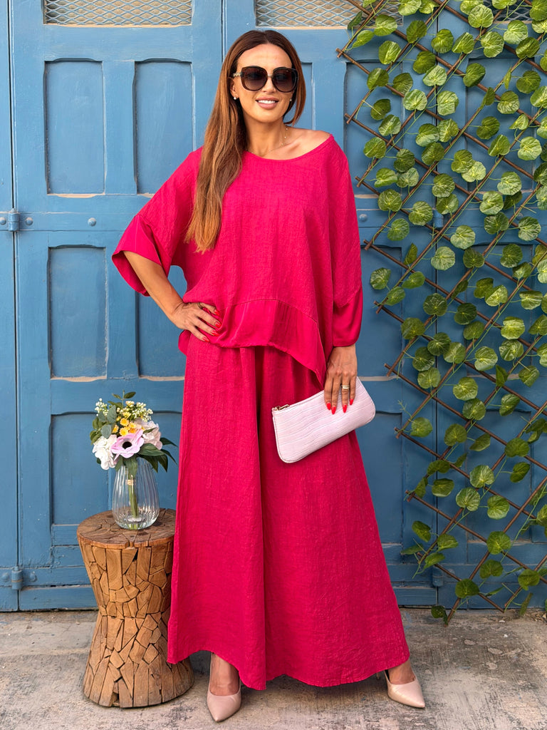 Magenta Luxe Linen & Silk Satin Trim Co-ord