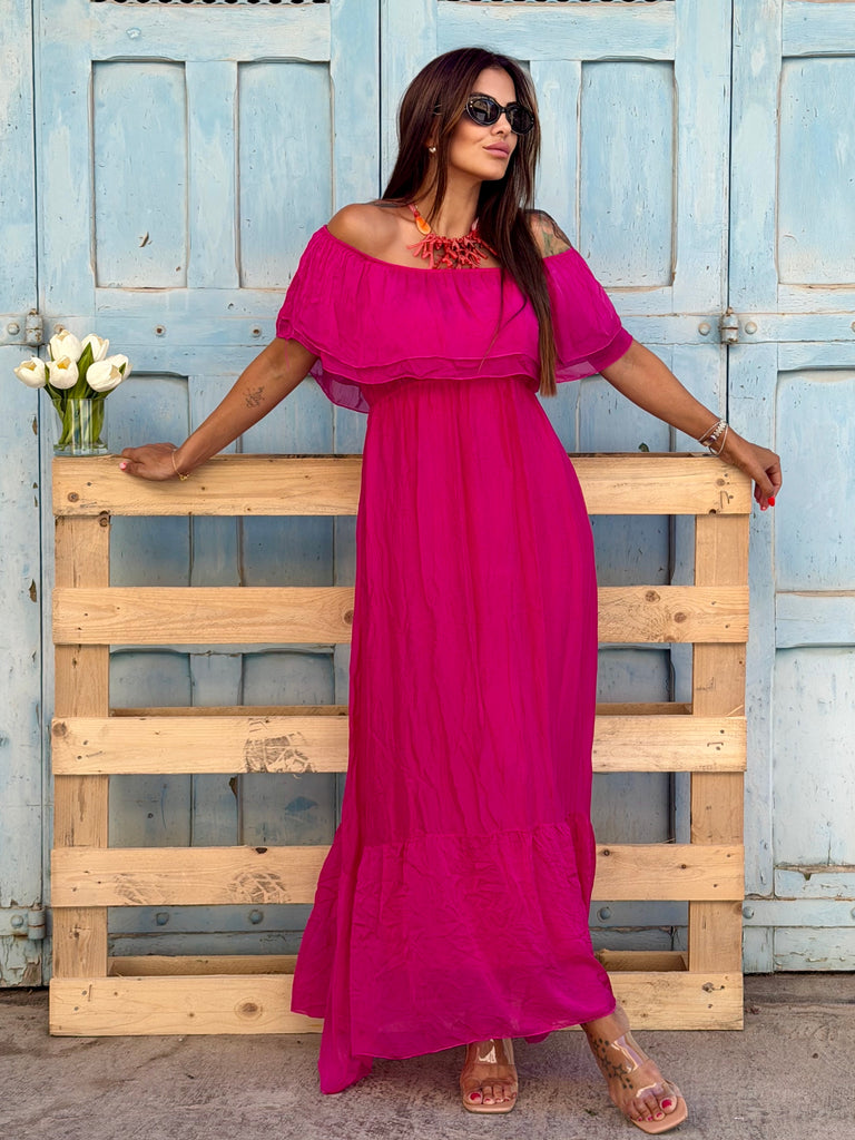 Dolce Vita Pure Silk Off-Shoulder Maxi Dress - Fucshia