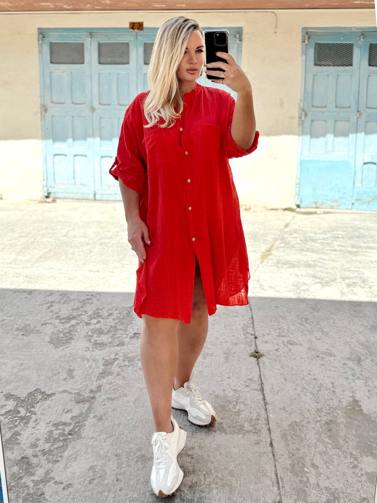 Red Cotton/Linen Blend Shirt Dress