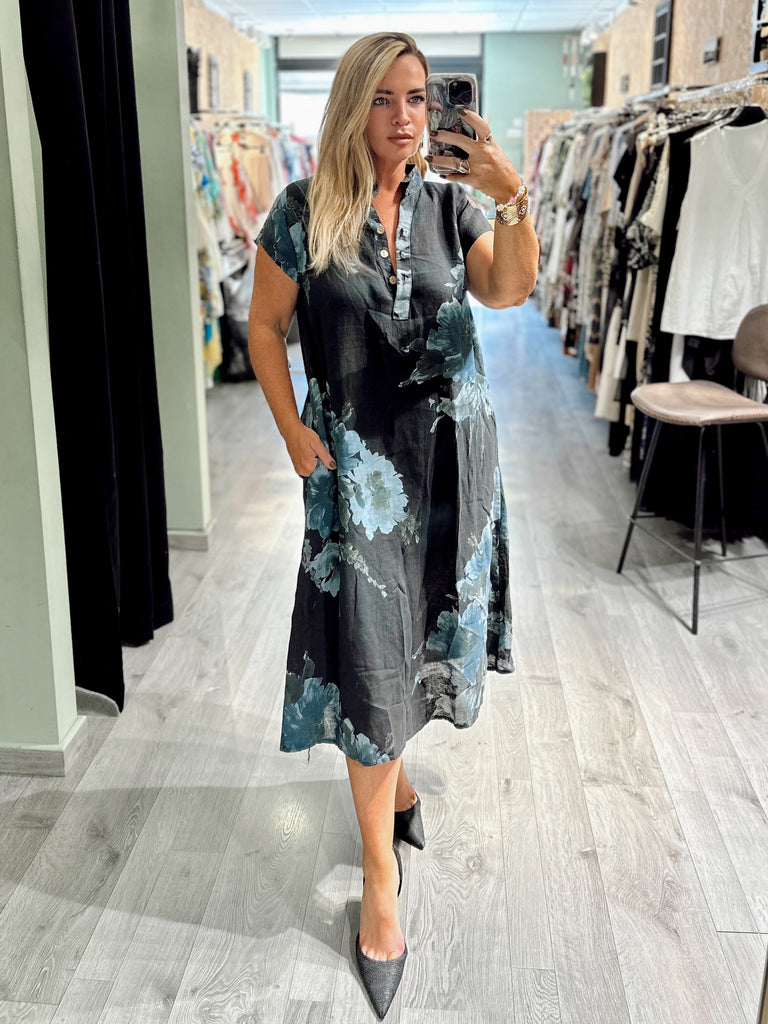 Charchoal Floral Linen Dress