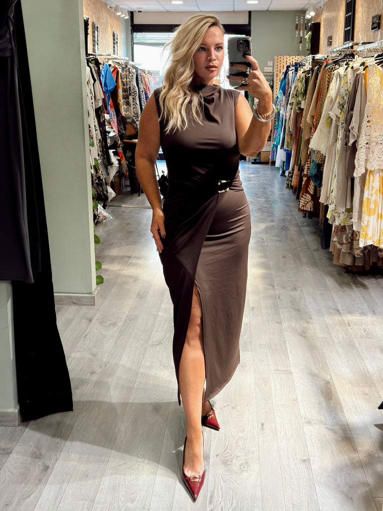 Mocha Wrap Gold Clasp Dress