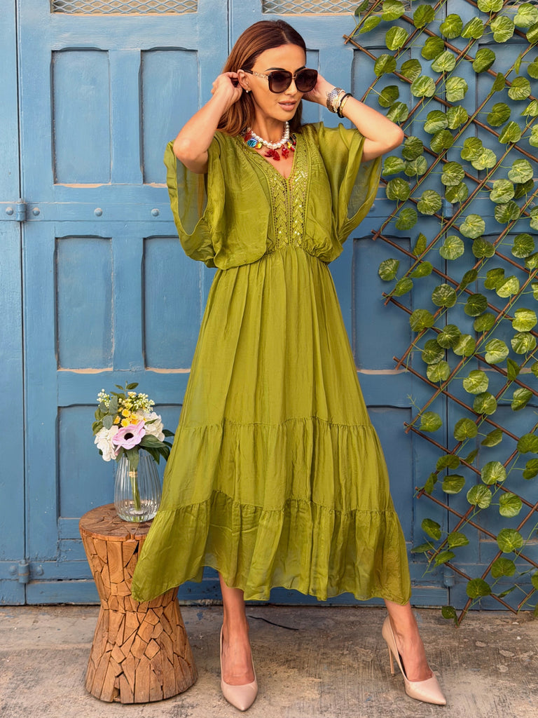 Desert Lime Pearl Silk Dress