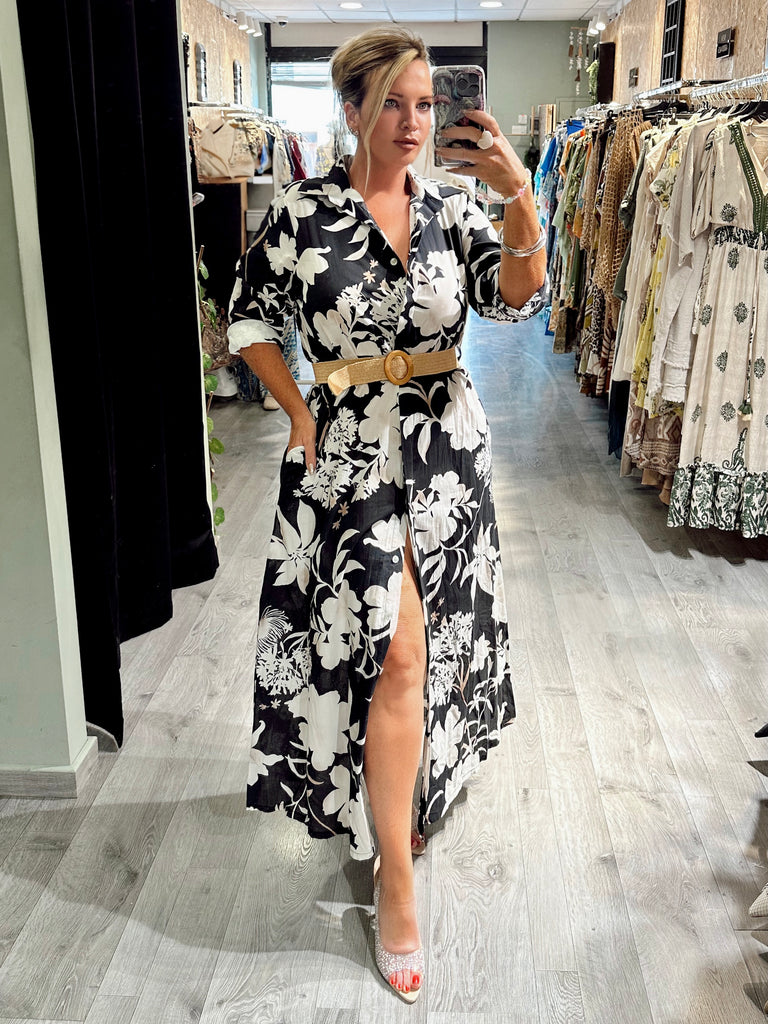 Black White and Beige Floral Shirt Dress