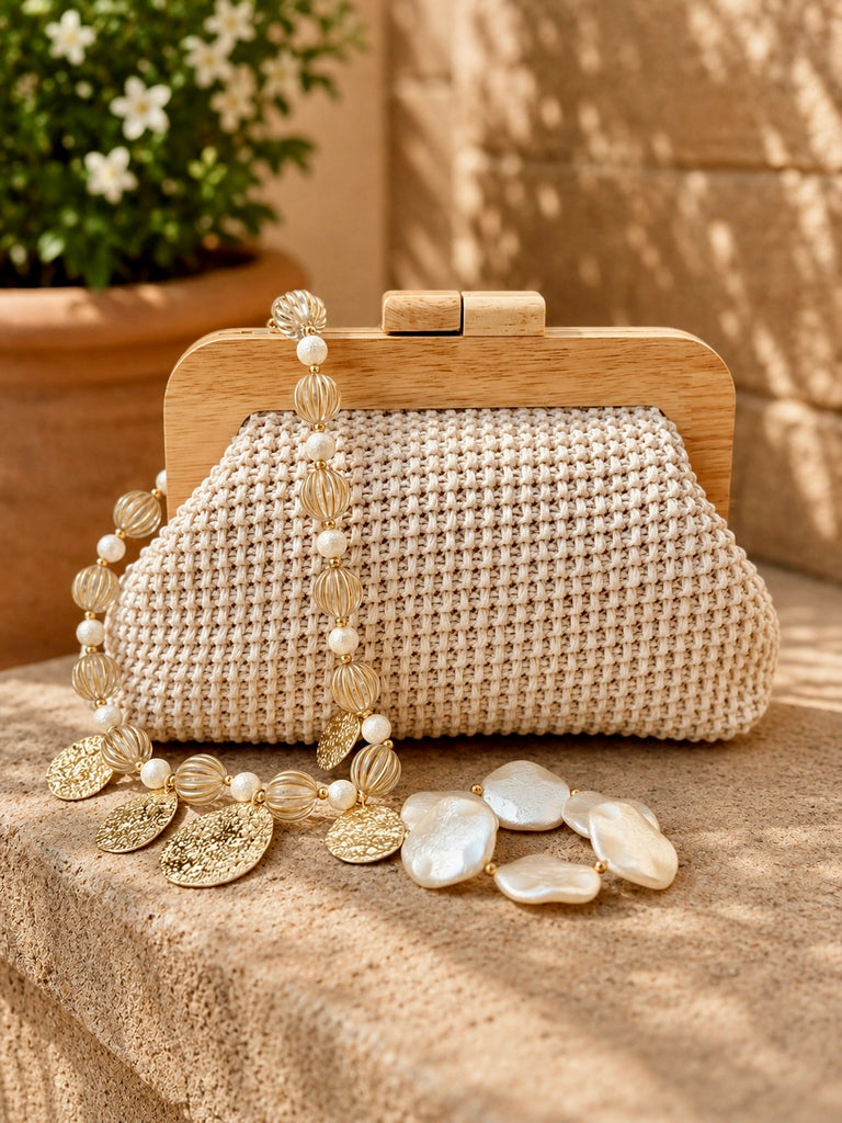 Ivory Soleil Woven Wooden Clutch