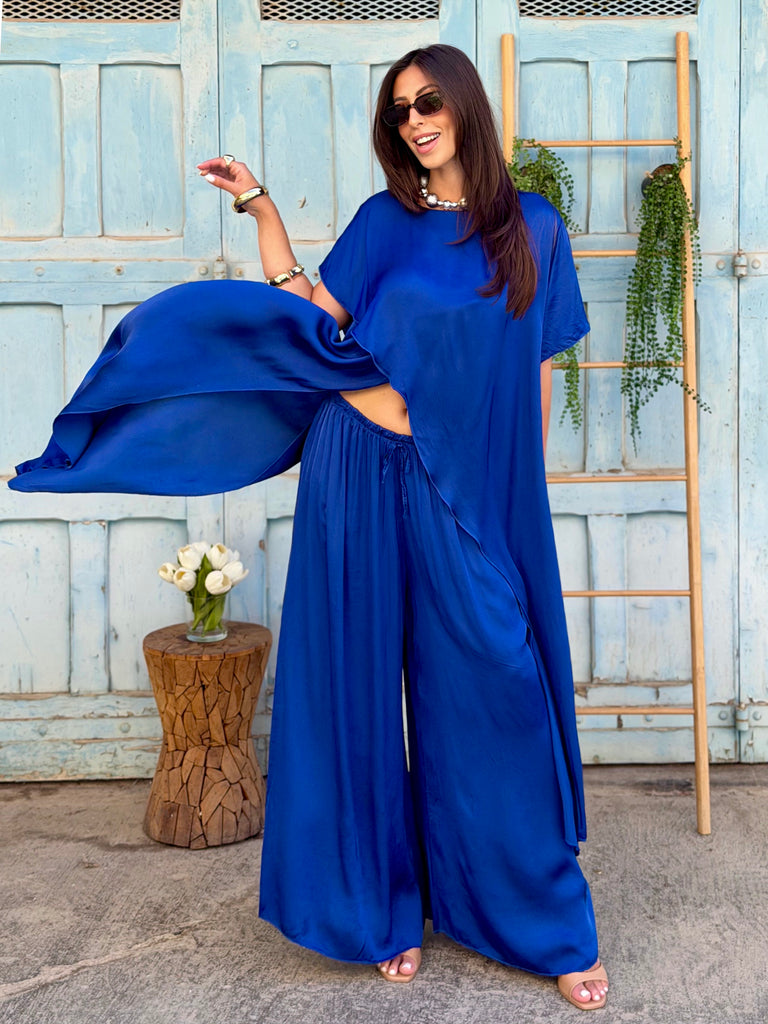 Santorini Blue Cascade Silk Satin Co-Ord Set