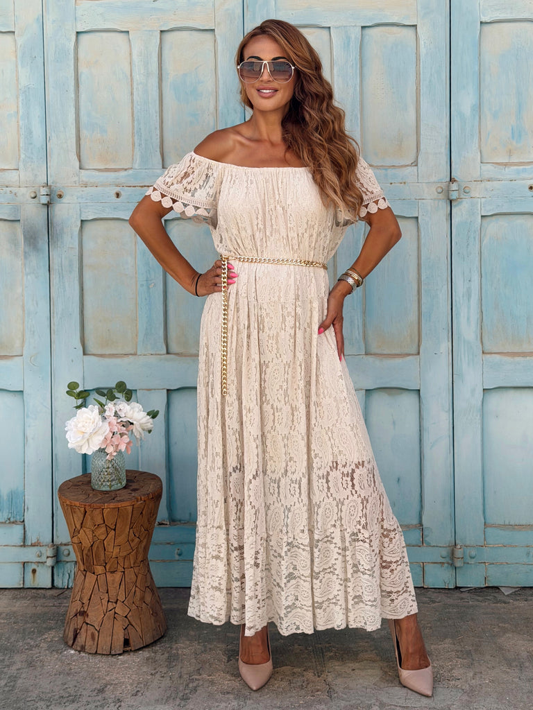 Château Belle Lace Crochet Bardot Maxi Dress - Beige