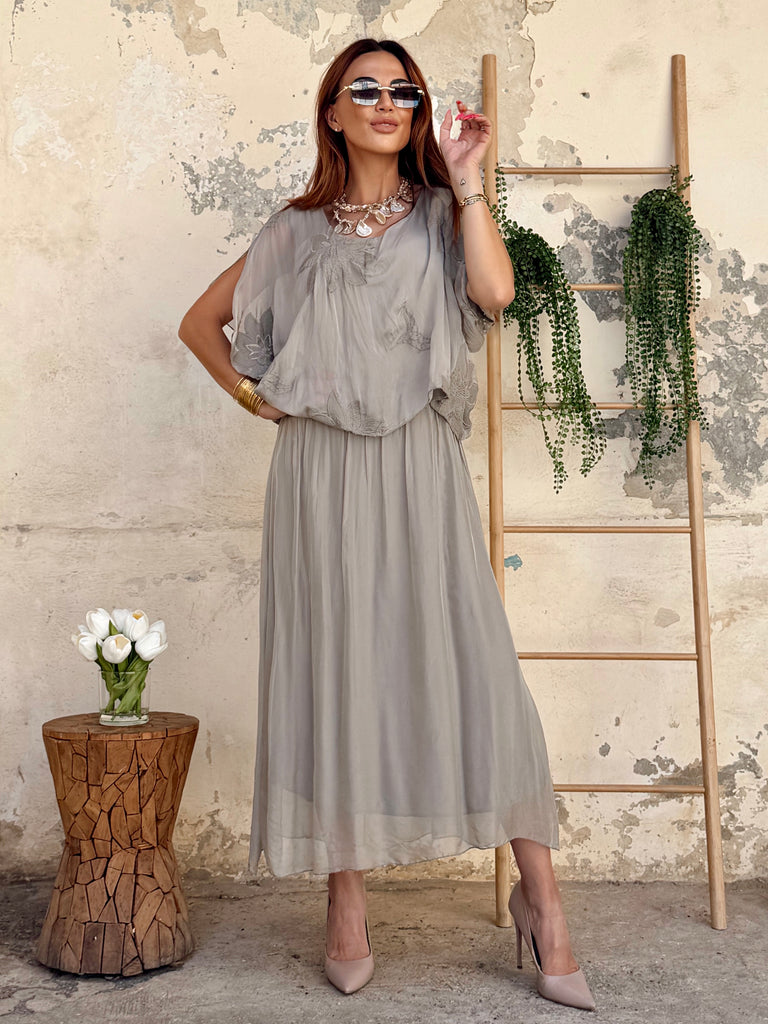Taupe Botanique Silk Embroidered Dress