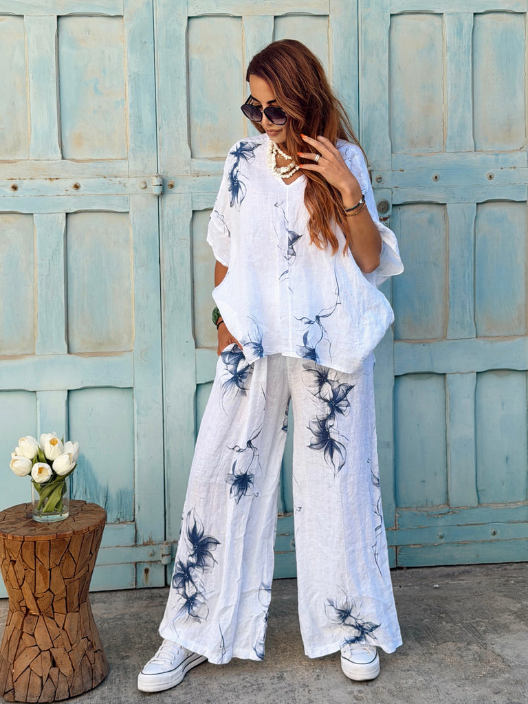 Élodie Linen Co-ord - White & Navy