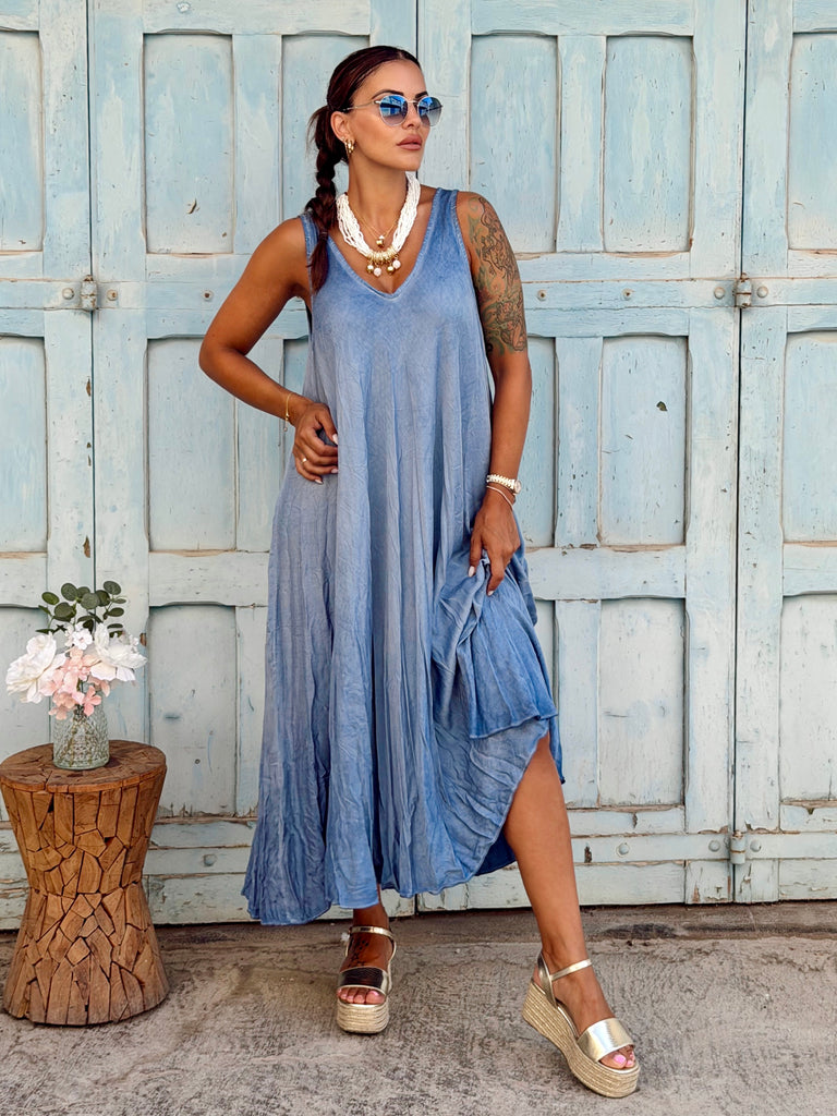 Soleil Washed Viscose Maxi Dress - Denim Blue