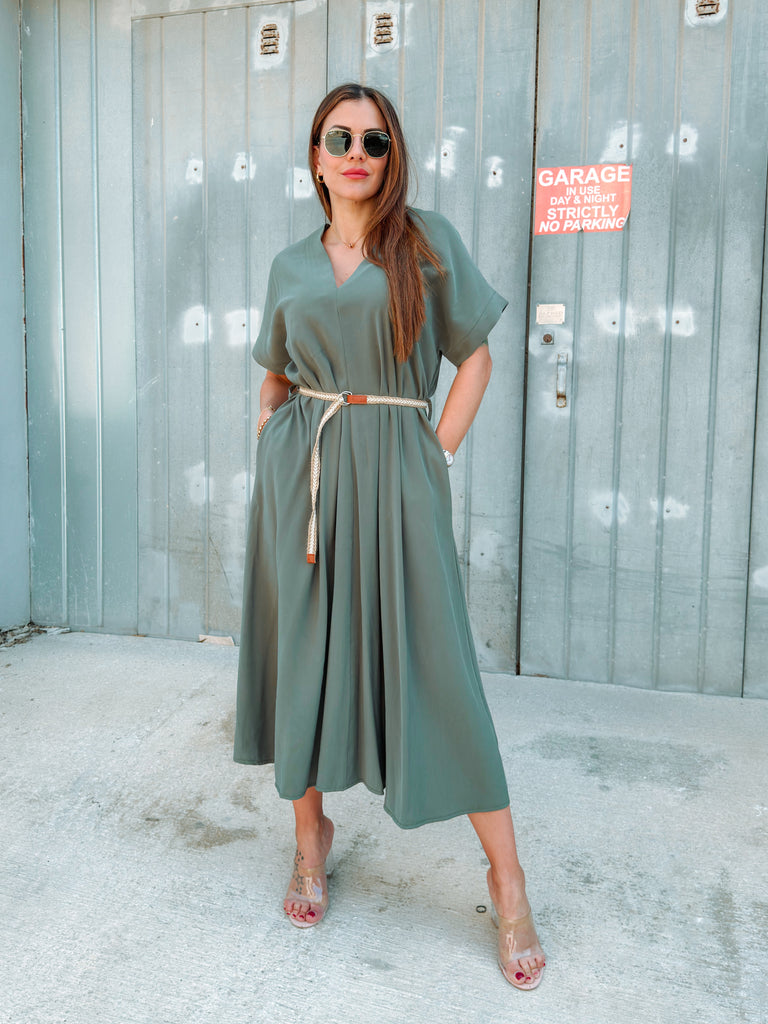 Khaki V Midi Belted Dress