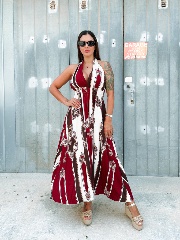 Wine and Cream Halter Dress
