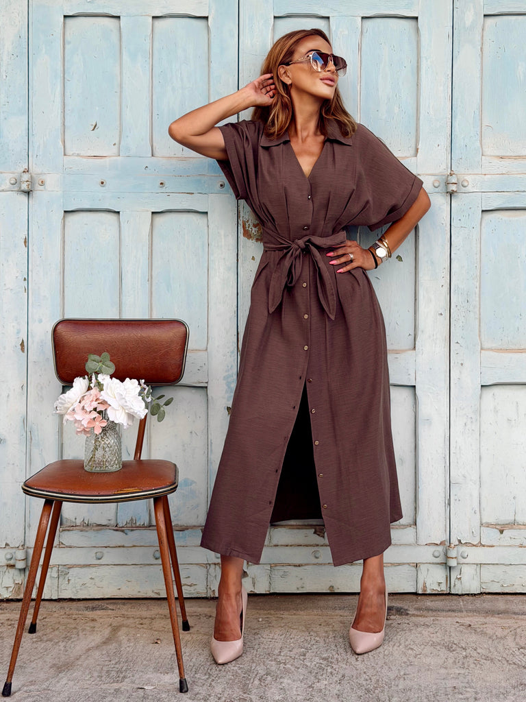 Mocca Élégance Belted Shirt Dress - Bougie Collection