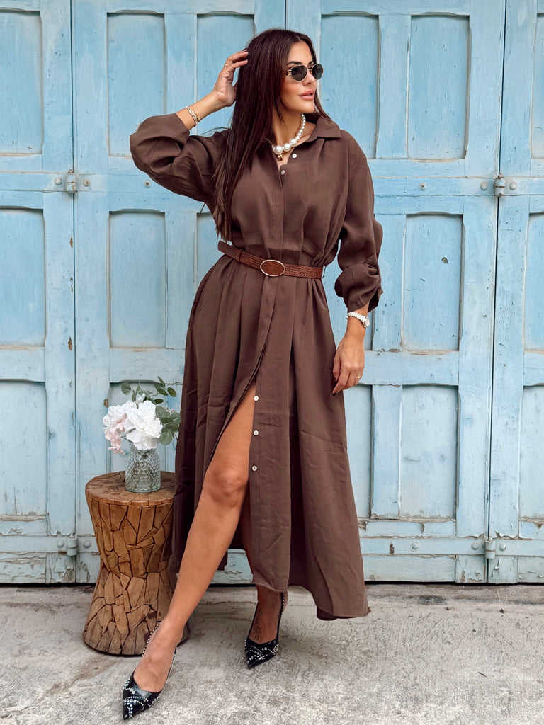 Varenne Belted Shirt Dress - Mocha