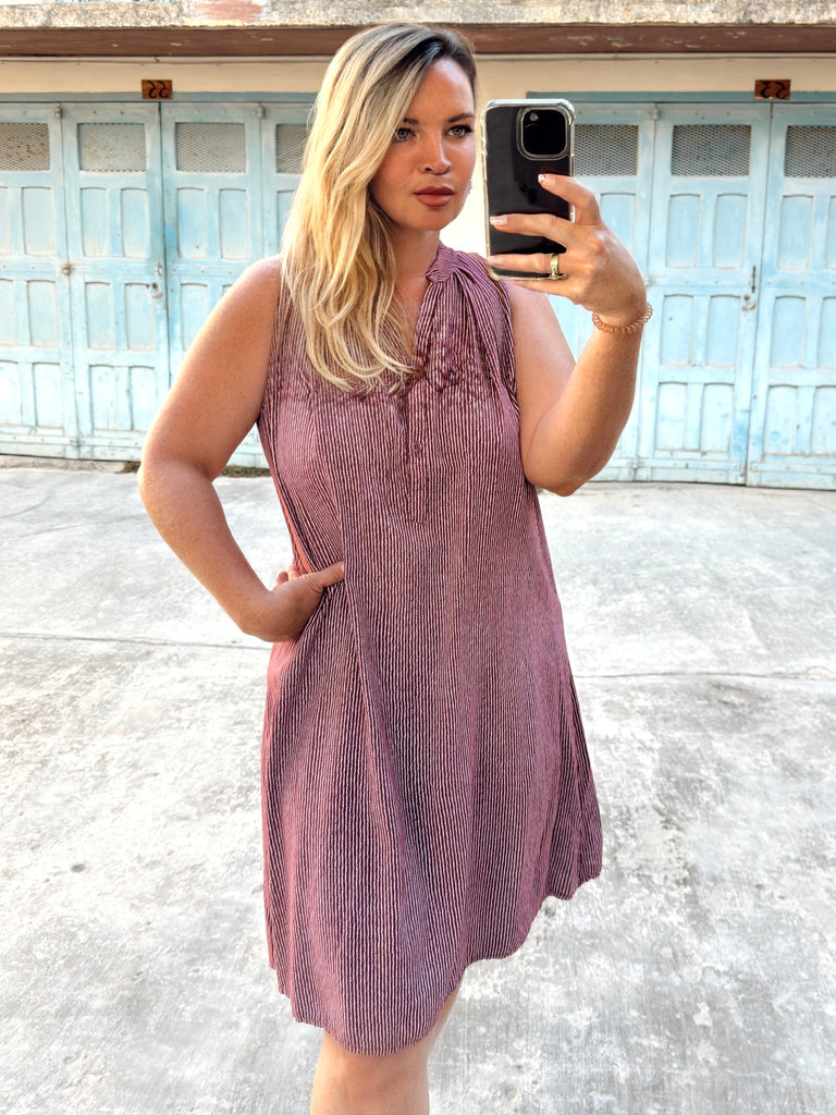 Burgundy Pin Stripe Viscose Day Dress