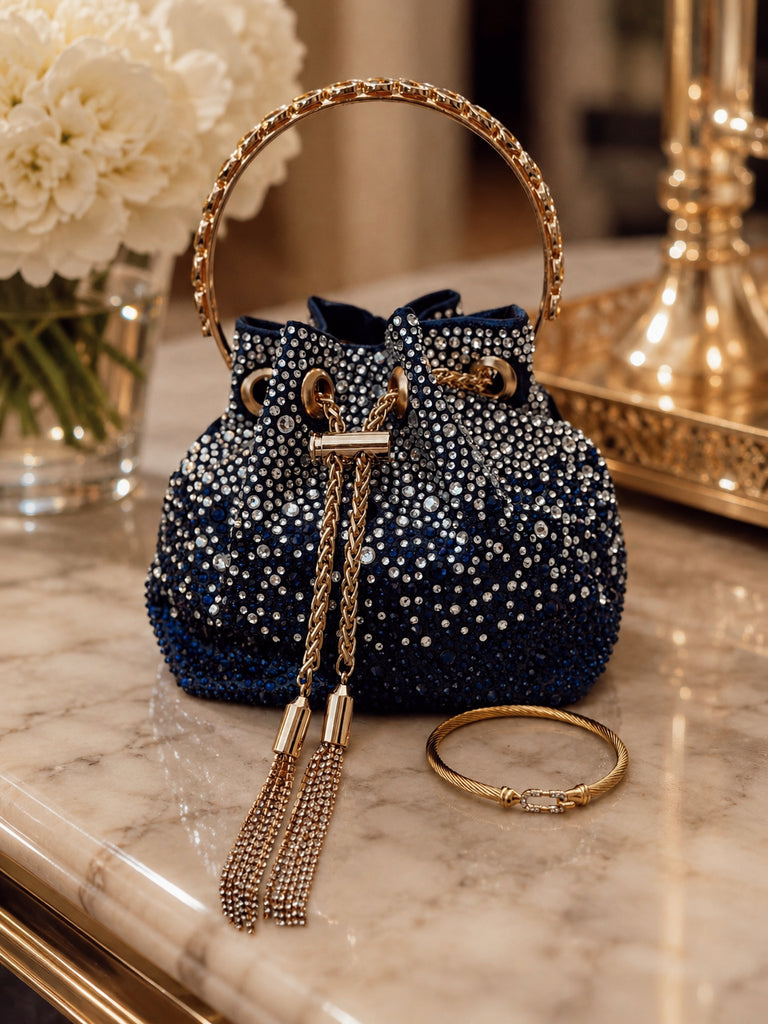 The Bijou Crystal Bucket Bag - Navy Blue
