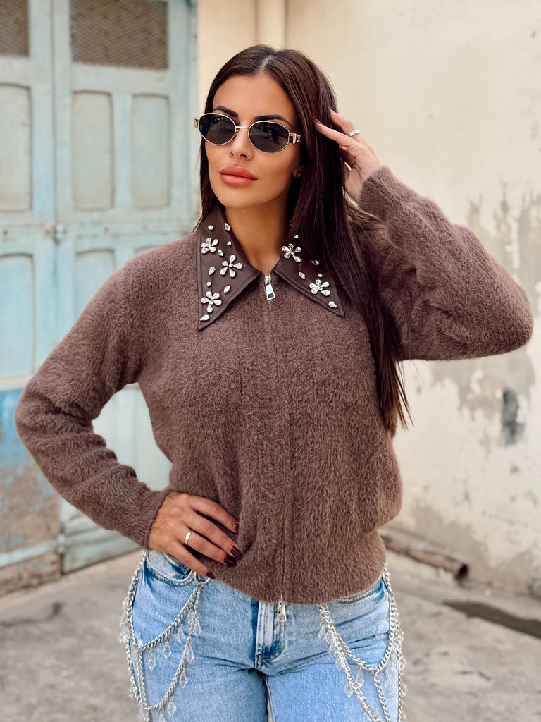 Cléa Jewel Leather Collar Knit Cardigan - Cafe Latte