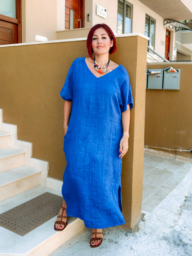 Blue Linen and Crochet Kaftan Dress