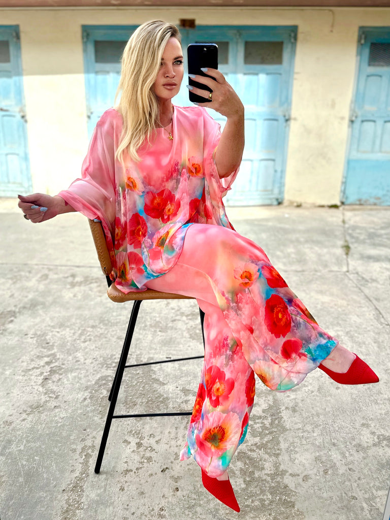 Pink and Coral Floral Silk Kaftan Co-ord Set