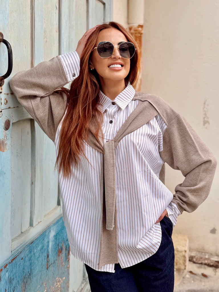 Beige Tailored Ease Shirt-Knit Top