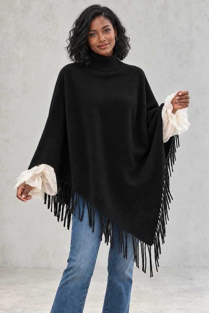 Maëlle Fringed Knit Poncho - Black