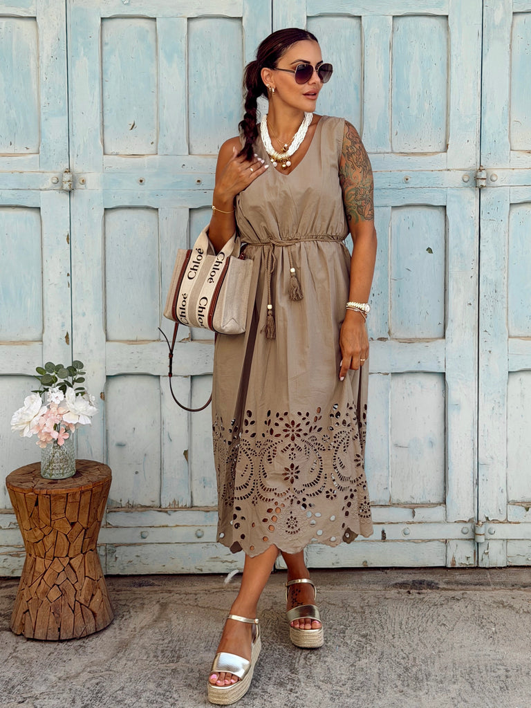Taupe Sienna Broderie Midi Dress - Love my Body