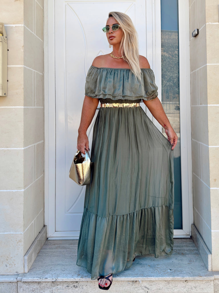 Khaki Silk Off Shoulder Dress