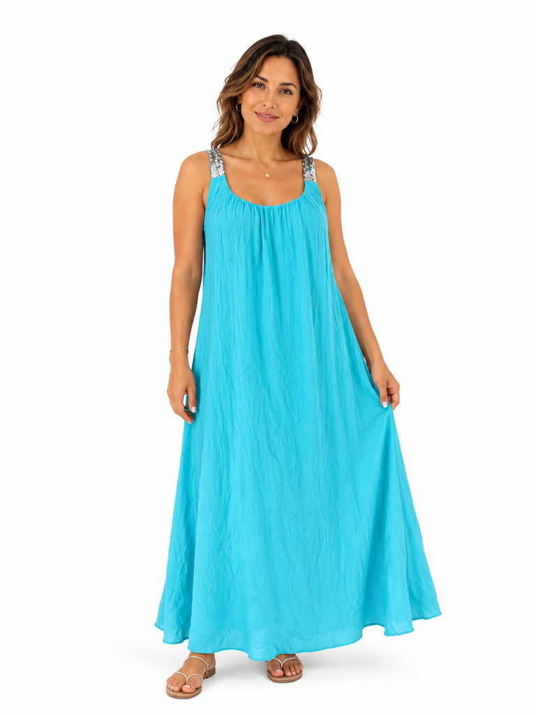 The Isadora Pure Silk Sequins Strap Maxi - Sea Green