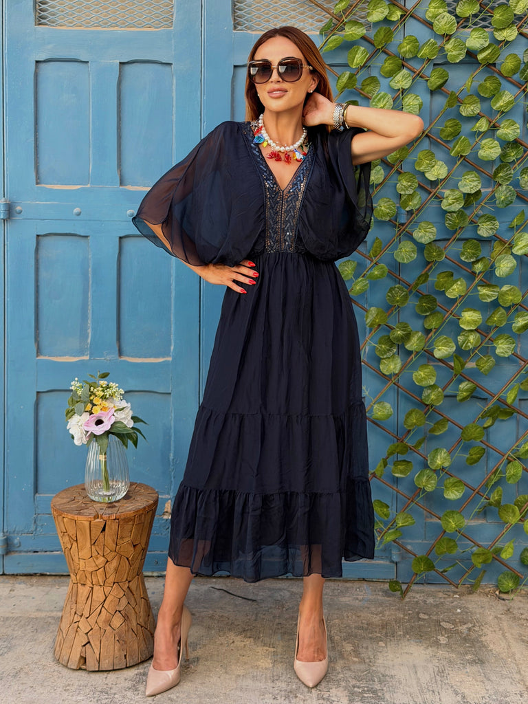 Desert Navy Pearl Silk Dress