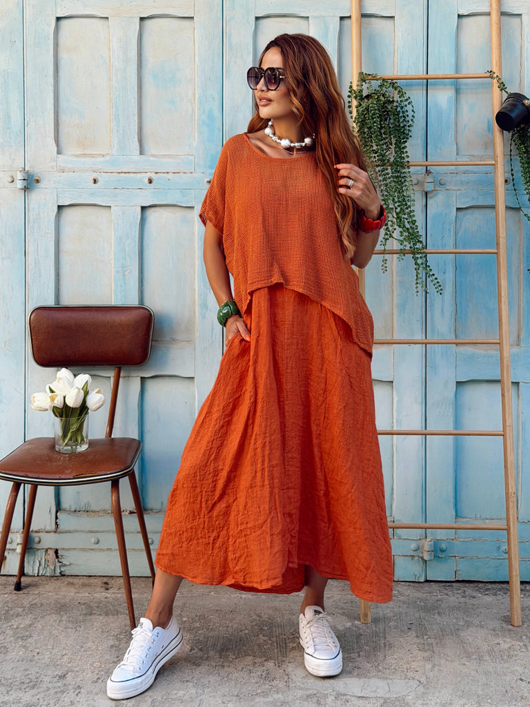 Capri Pure Linen Two-Piece Set - Burnt Orange