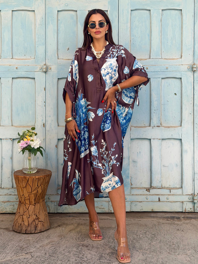 Mocha Porcelain Garden Silky Luxe Kaftan Dress - Love My Body