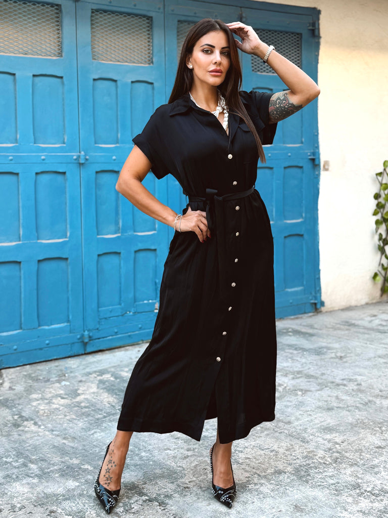 The Mirelle Noir Silky Shirt Dress - Bougie Collection