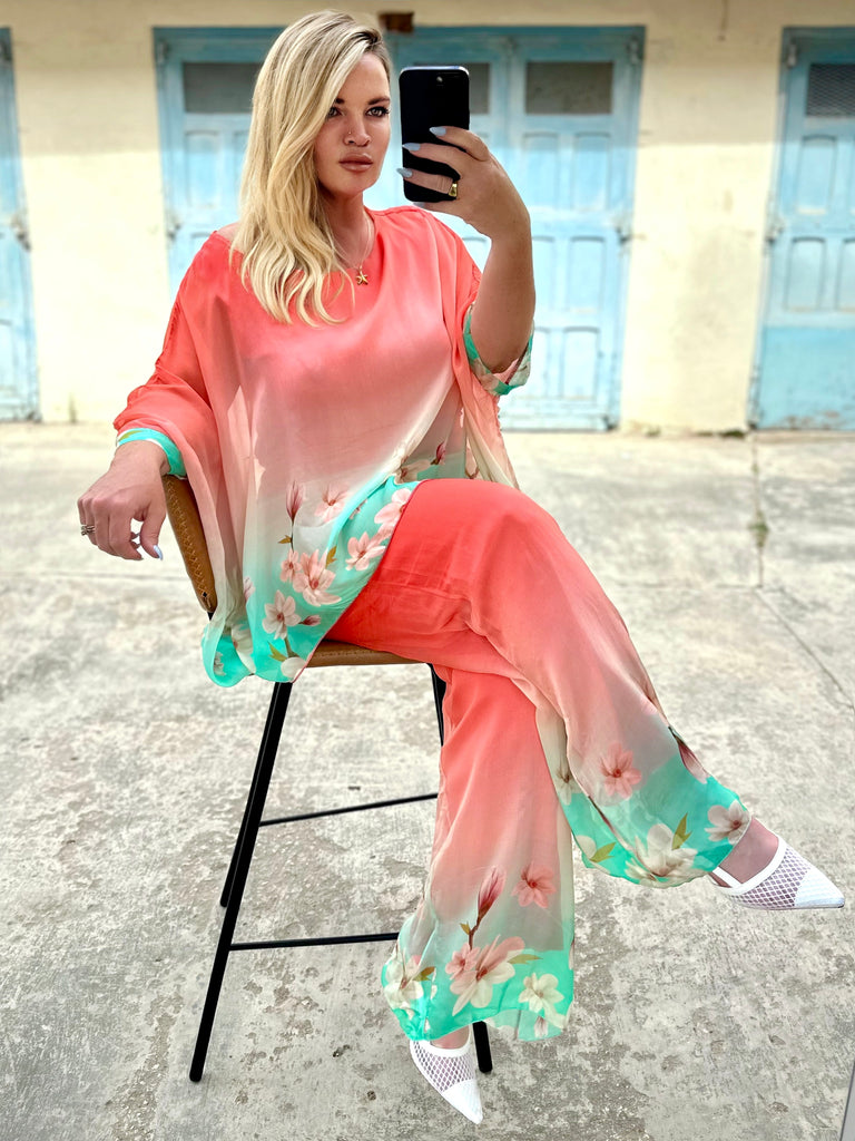 Coral and Mint Lotus Silk Kaftan Co-ord Set