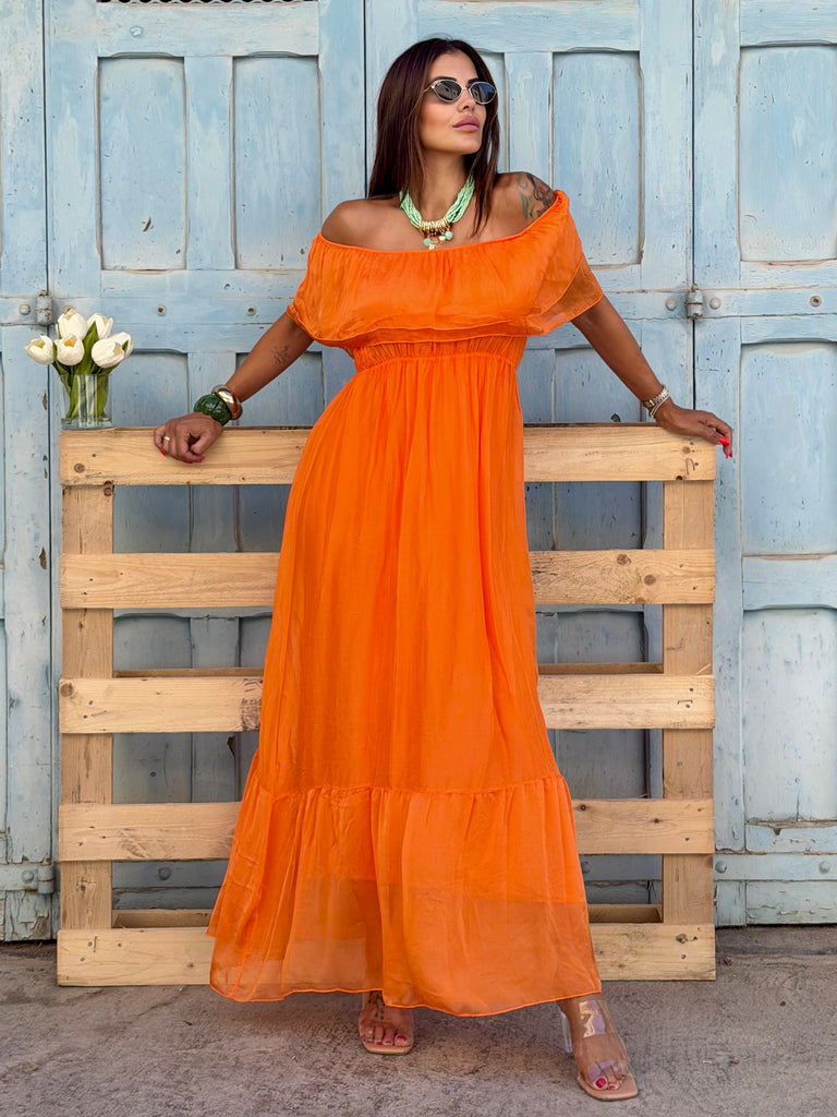 Dolce Vita Pure Silk Off-Shoulder Maxi Dress - Arancio