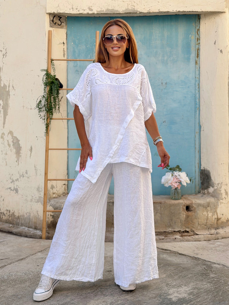Maison Riviera Luxe Pure Linen Broderie Co-Ord - Blanc