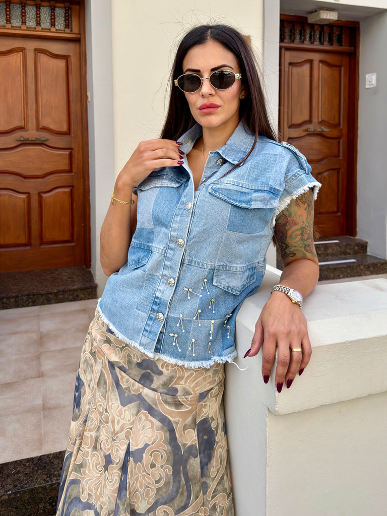 Sloane Diamond and Pearl Denim Waistcoat