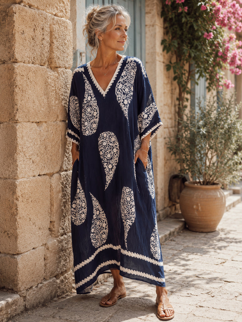 The Marabella Paisley Kaftan Dress - Navy Blue