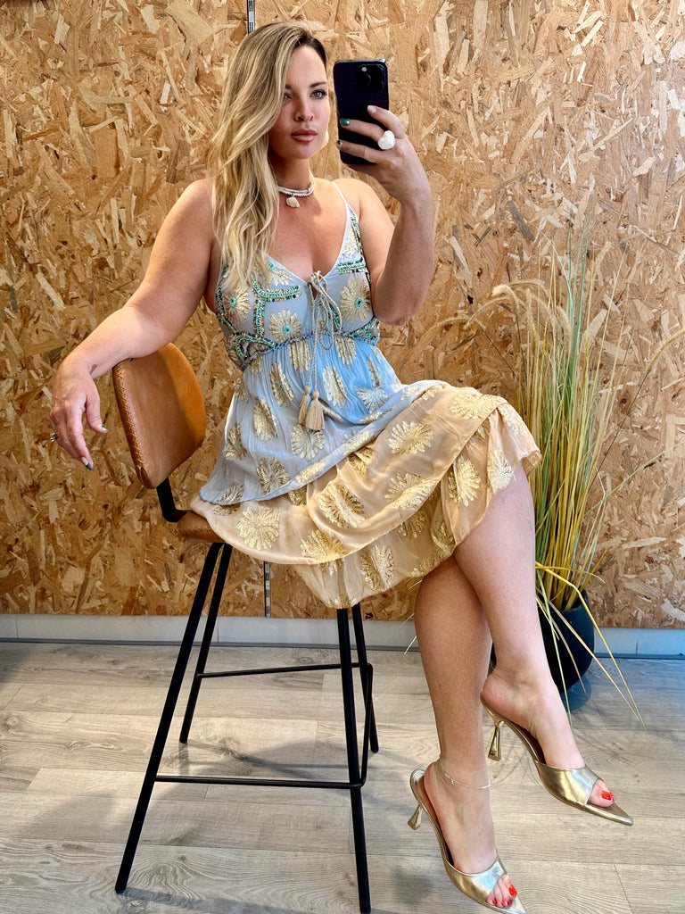 Blue and Gold Sunspell Boho Dress