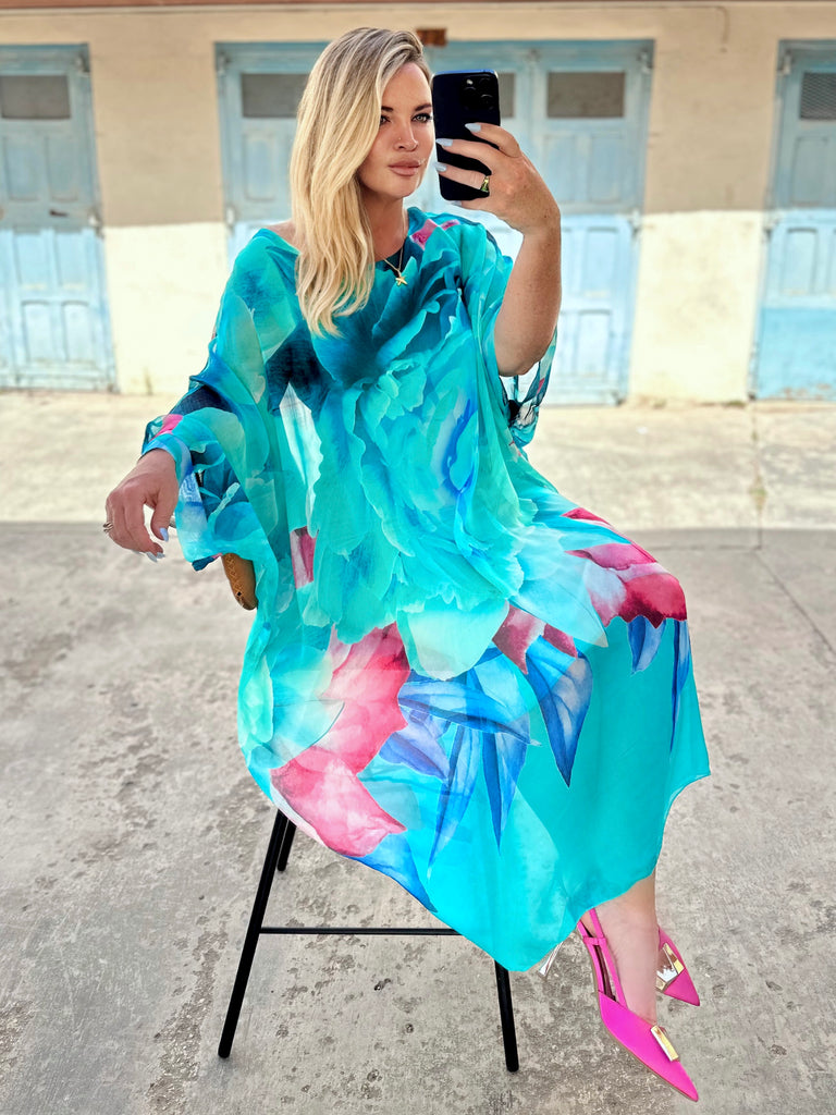 Acqua and Fucshia Silk Kaftan Dress