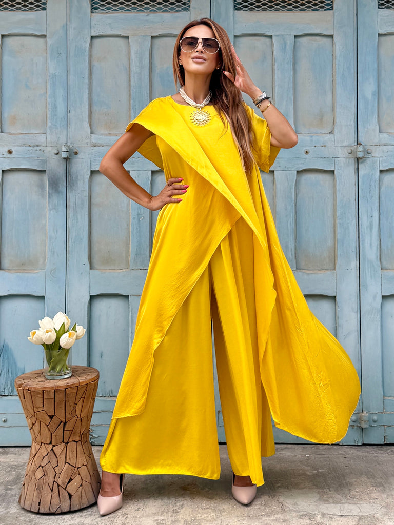 Saffron Cascade Silk Satin Co-Ord Set