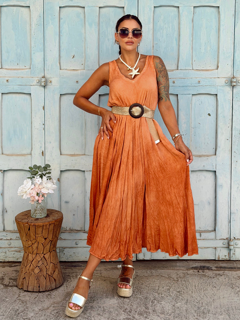 Soleil Washed Viscose Maxi Dress - Burnt Orange