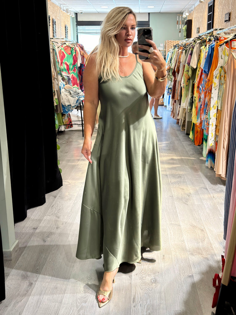 Khaki Silky Satin Strappy Dress