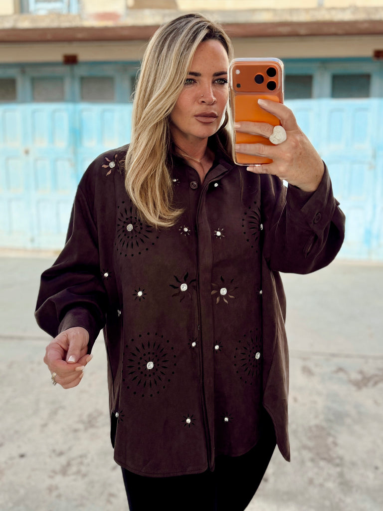 Mocha Suede Diamond Cut out Shacket