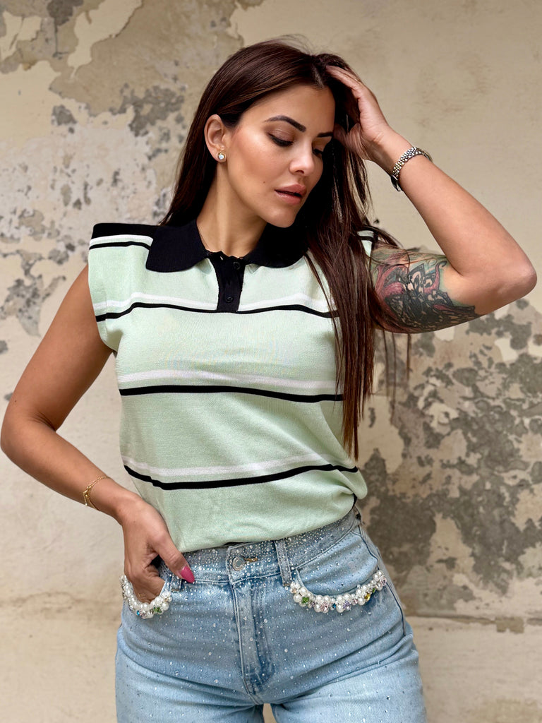 Capri Mint Retro Knit Polo Top