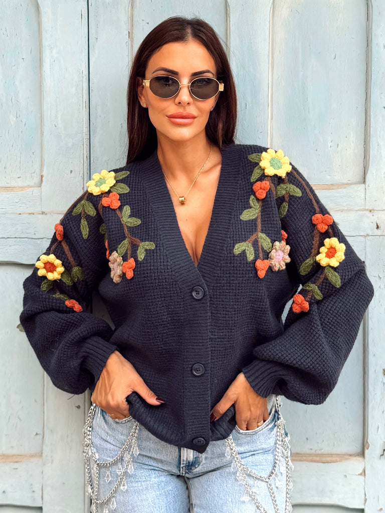 Fleurine Embossed Floral Knit Cardigan - Navy Blue