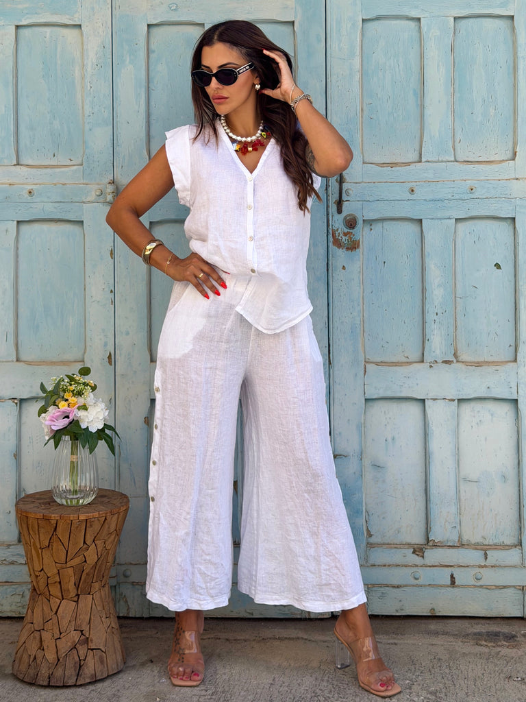 Elena Button-Detail Pure Linen Co-Ord Set
