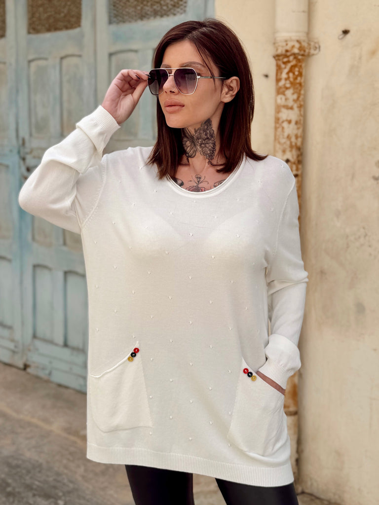 White Milano Button Detail Spring Knit