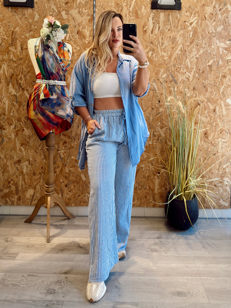 Blue and White Cotton Linen Pin Stripe Trousers