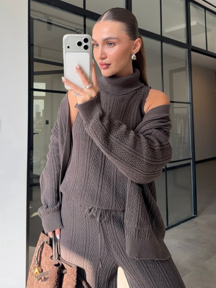 Taupe Herringbone Knit Trio